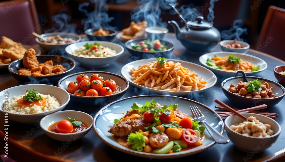 Fototapeta premium A vibrant table overflowing with diverse plates of food from various culinary cultures