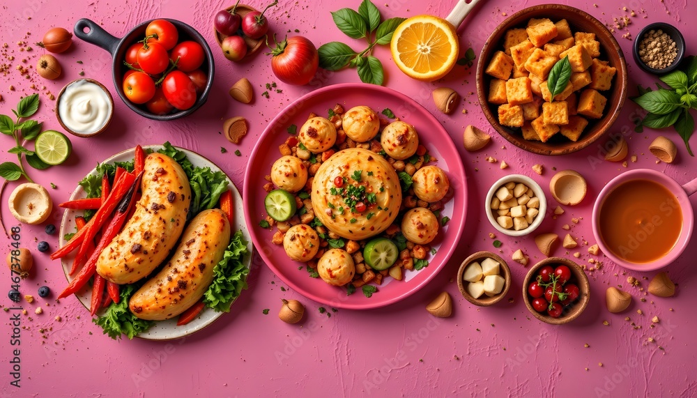 A pink plate artfully arranged with chicken, vegetables, and sauces for culinary delight A pink plate artfully arranged with chicken, vegetables, and sauces for culinary delight