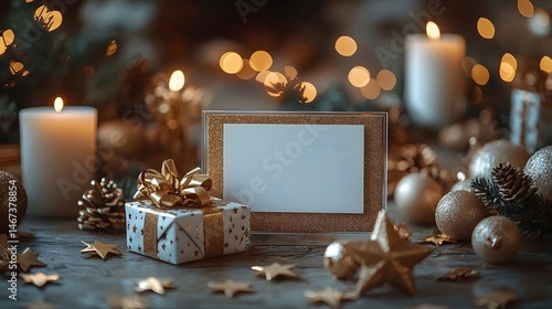 Festive holiday table with framed card and golden