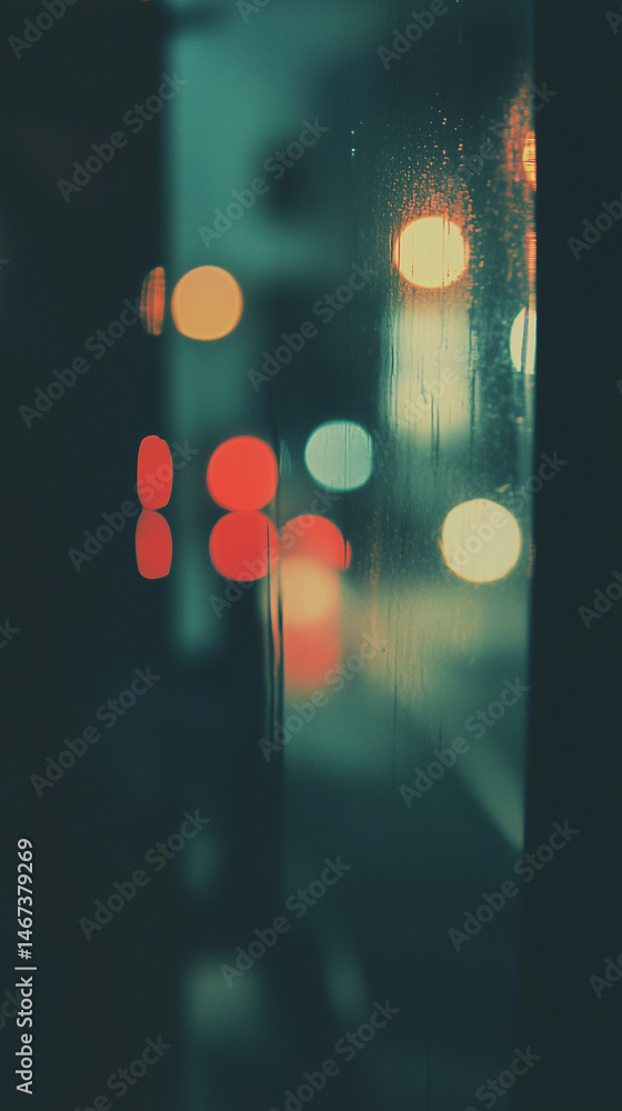 Moody urban night scene with colorful blurred city lights reflecting on rainy window