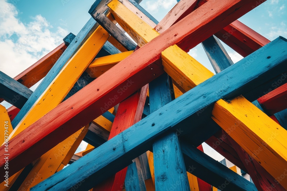 Colorful Wooden Beams Stacked Abstract Structure Against Blue Sky Colorful Wooden Beams Stacked Abstract Structure Against Blue Sky