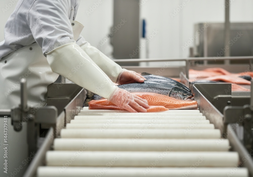 Worker handling fresh salmon fillets on conveyor belt in seafood processing plant