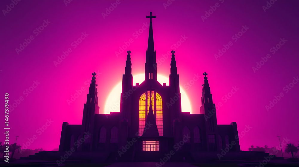 Fototapeta premium A massive brutalist cathedral built of concrete and glass, casting long shadows in the sunset, blending religious solemnity with futuristic geometry. created by generative ai