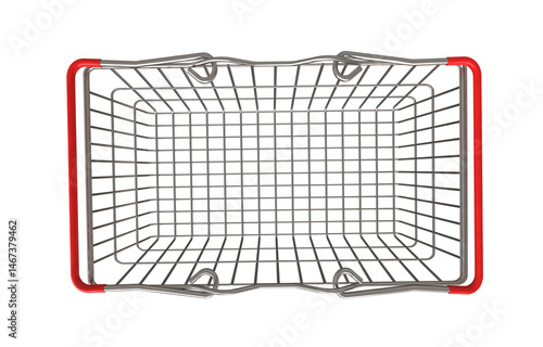 Top view of metal shiny basket. Shopping basket for supermarket products. Shop equipment. Realistic market bag. Png transparency	