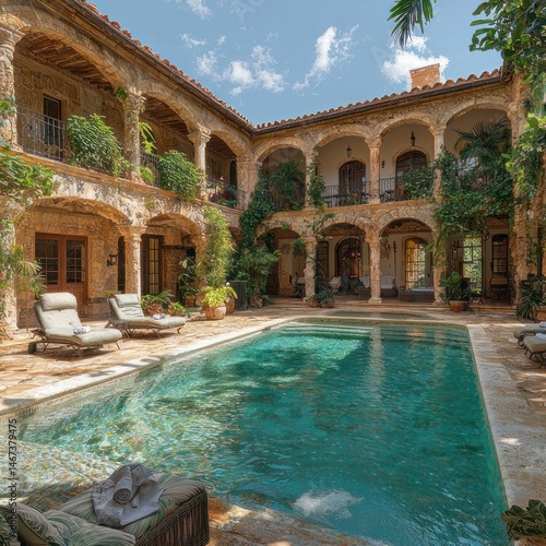 Swimming Pool Oasis in a Beautiful Stone Courtyard with Lush Greenery