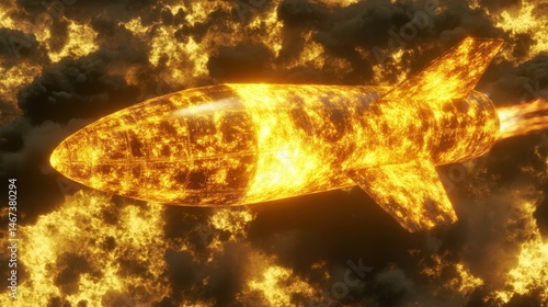 Fiery rocket blasting through turbulent clouds representing ambition technological advancement power conceptual imagery and explosive energy