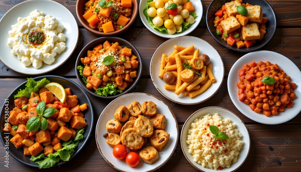 A beautifully laid out table featuring an assortment of tasty food varieties and dishes A beautifully laid out table featuring an assortment of tasty food varieties and dishes