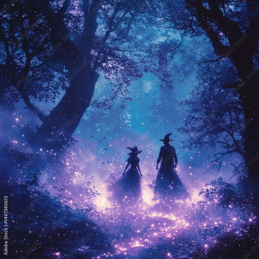 Obraz premium Witches Walking in Enchanted Forest with Magical Lights and Mystic Atmosphere