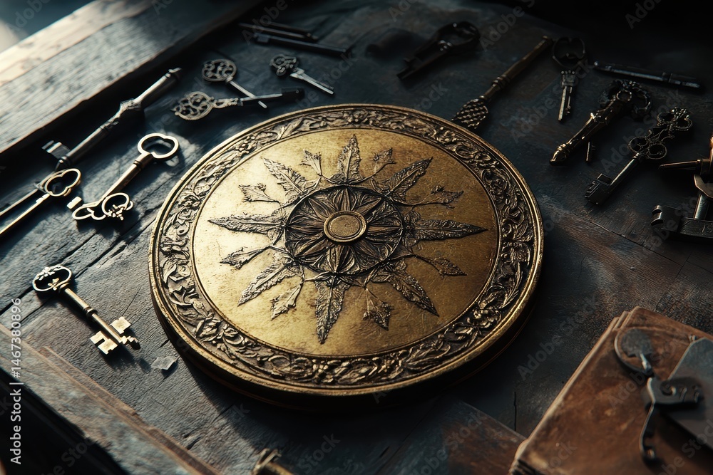 Fototapeta premium Antique Keys and Ornate Compass on Rustic Wooden Surface