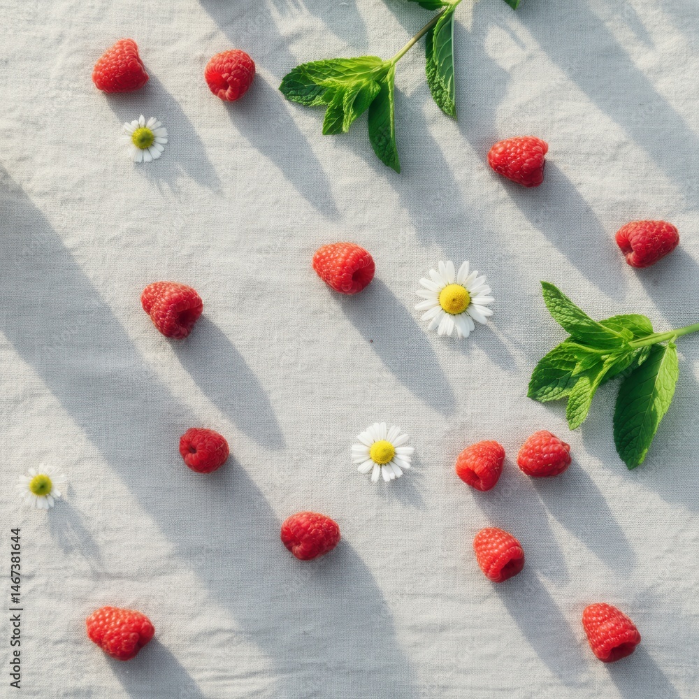 Raspberries, daisies, and mint leaves on sunlit cloth surface