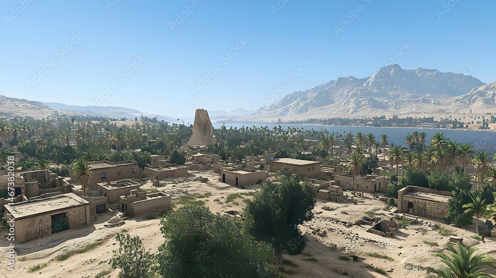 Fototapeta premium Ancient Desert Village Along River With Palm Trees