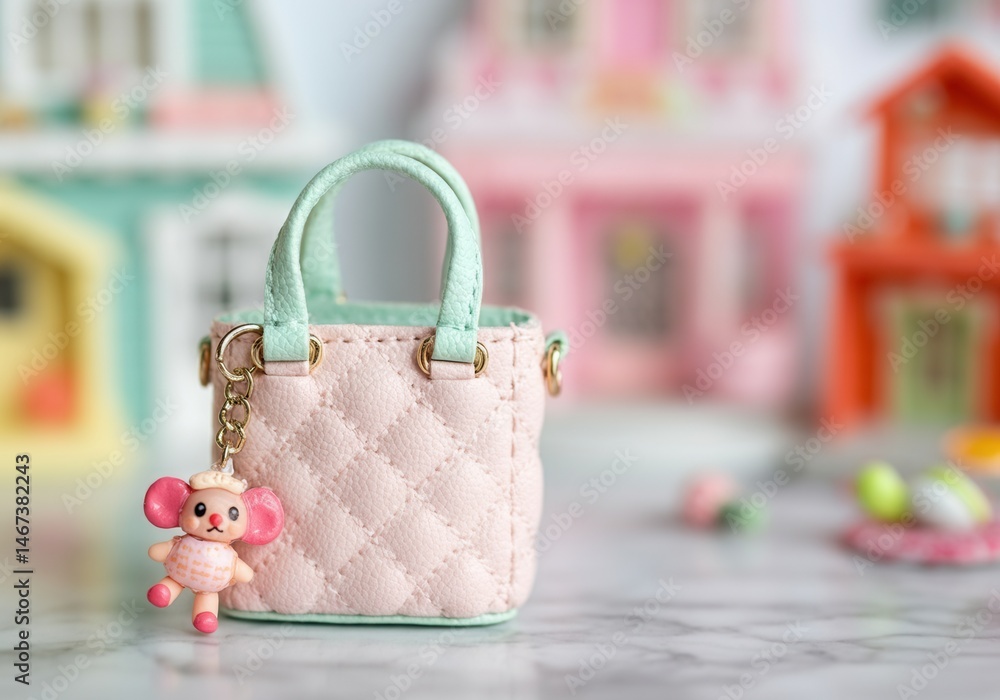 Miniature quilted pink handbag with cute mouse charm in pastel toy town setting