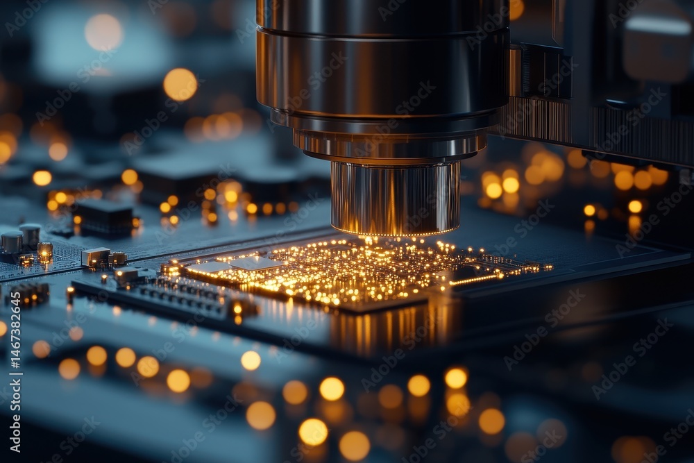Close-Up of Microchip Manufacturing with Advanced Technology and Lights Close-Up of Microchip Manufacturing with Advanced Technology and Lights