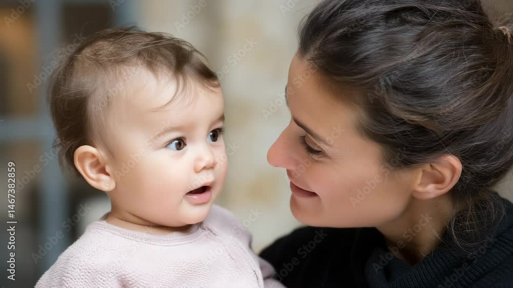 Cheerful mother looks with love at the toddler Cheerful mother looks with love at the toddler