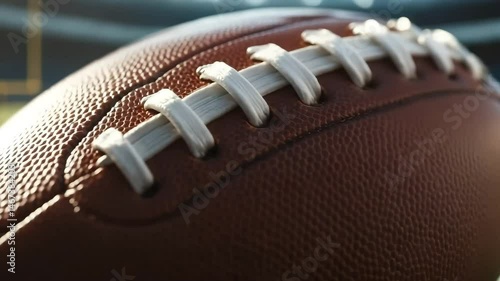 Detailed close up of a brown american football on the field during the game