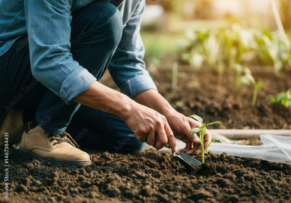 Man planting seedling in garden with hand trowel on sunny day