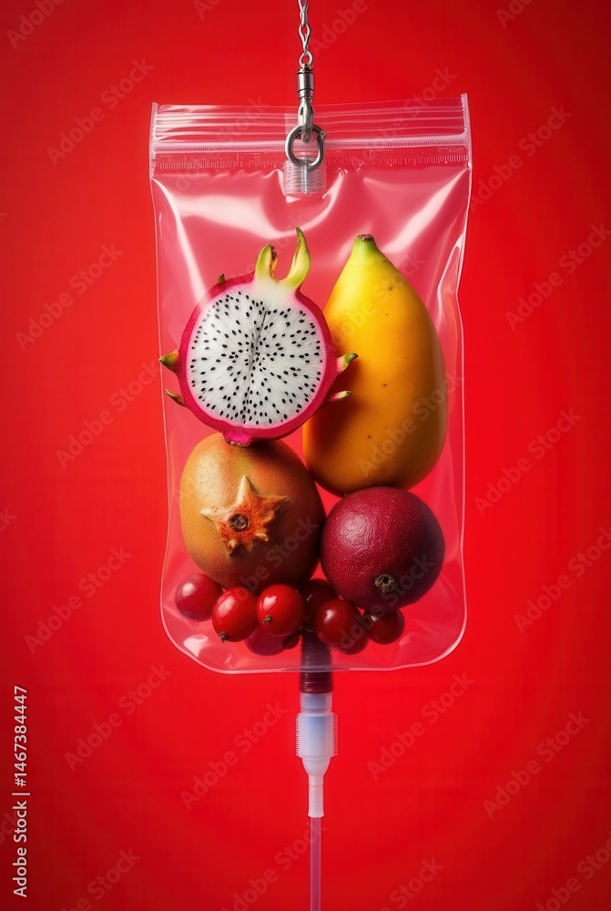 IV bag filled with various fresh fruits on vivid red background