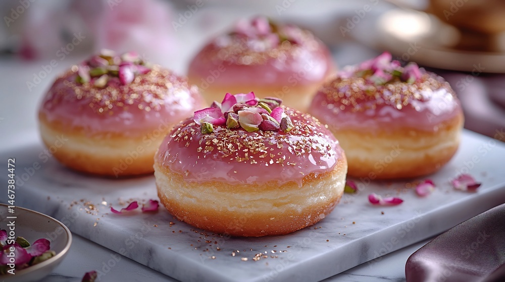 Pink frosted donuts with rose petals and gold sprinkles Pink frosted donuts with rose petals and gold sprinkles