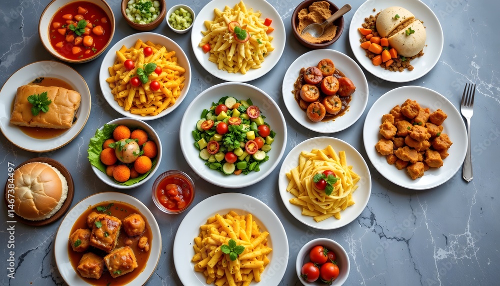 A generous spread of diverse global food items beautifully laid out on a dining table A generous spread of diverse global food items beautifully laid out on a dining table