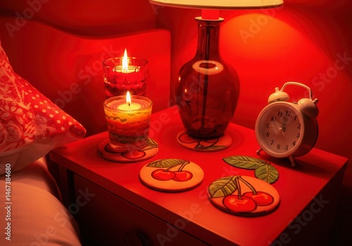 Cozy red bedroom scene with cherry coasters and candlelight for relaxed ambiance