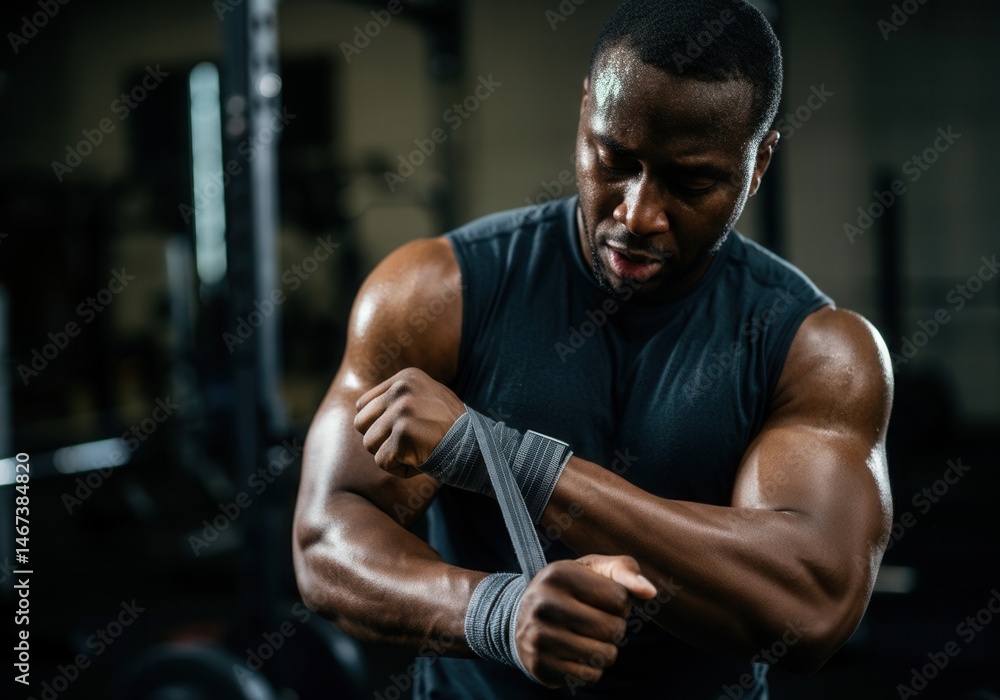 Focused African American man wrapping hands in gym for intense workout