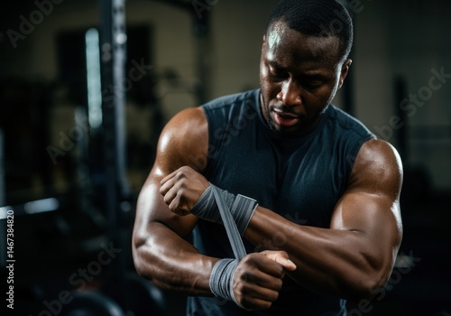 Obraz na płótnie Focused African American man wrapping hands in gym for intense workout w salonie