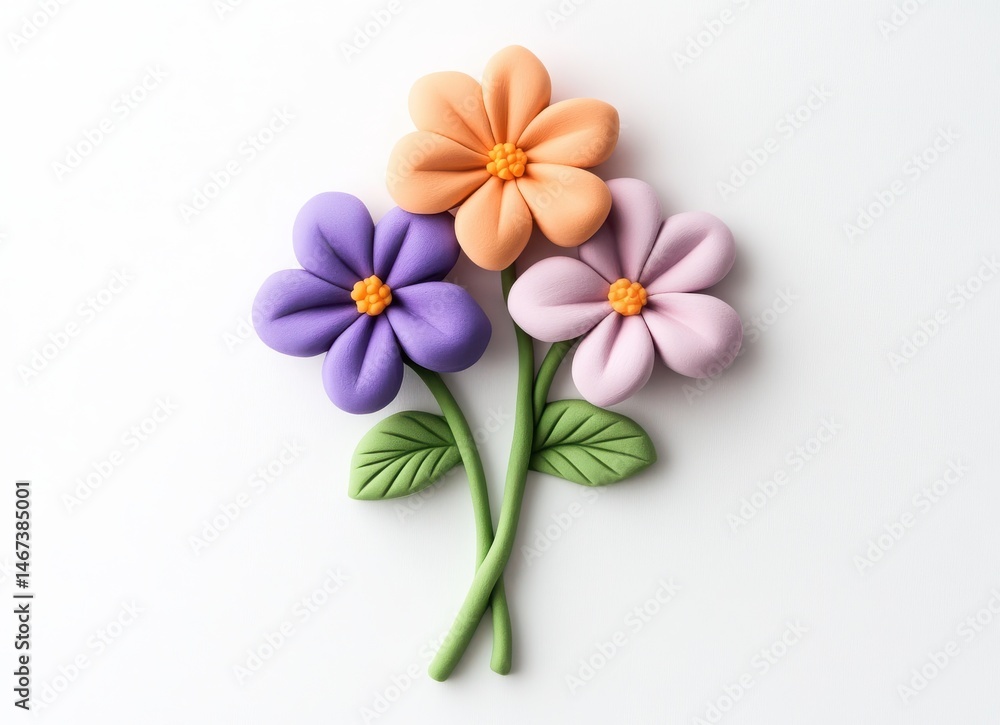 Obraz premium plasticine flower in purple and green, cute clay model top view on white background