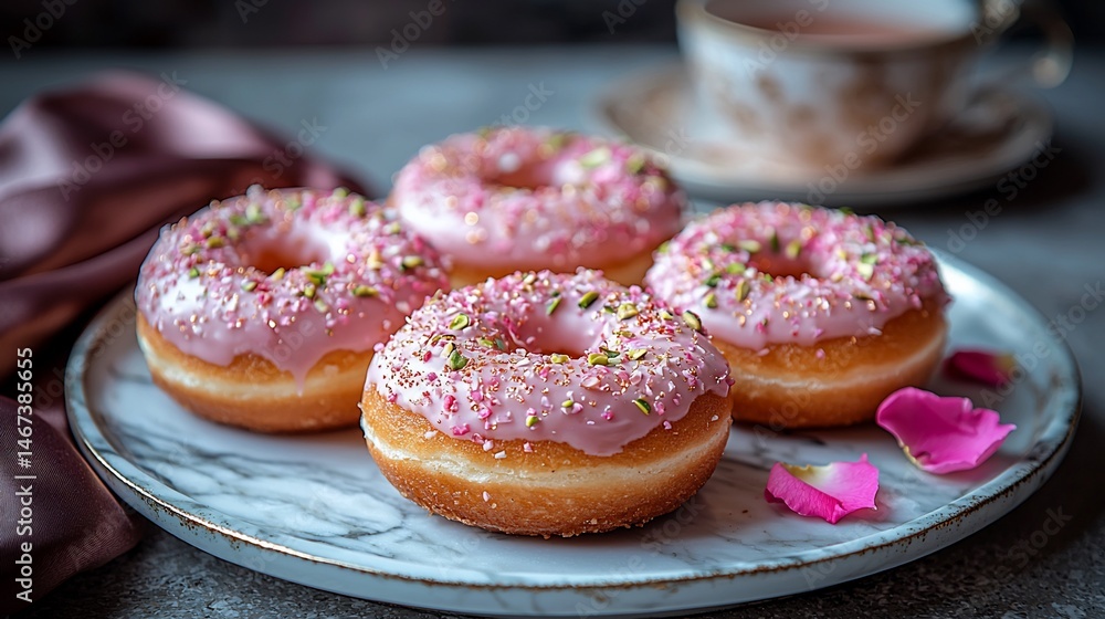 Pink frosted doughnuts on plate Pink frosted doughnuts on plate
