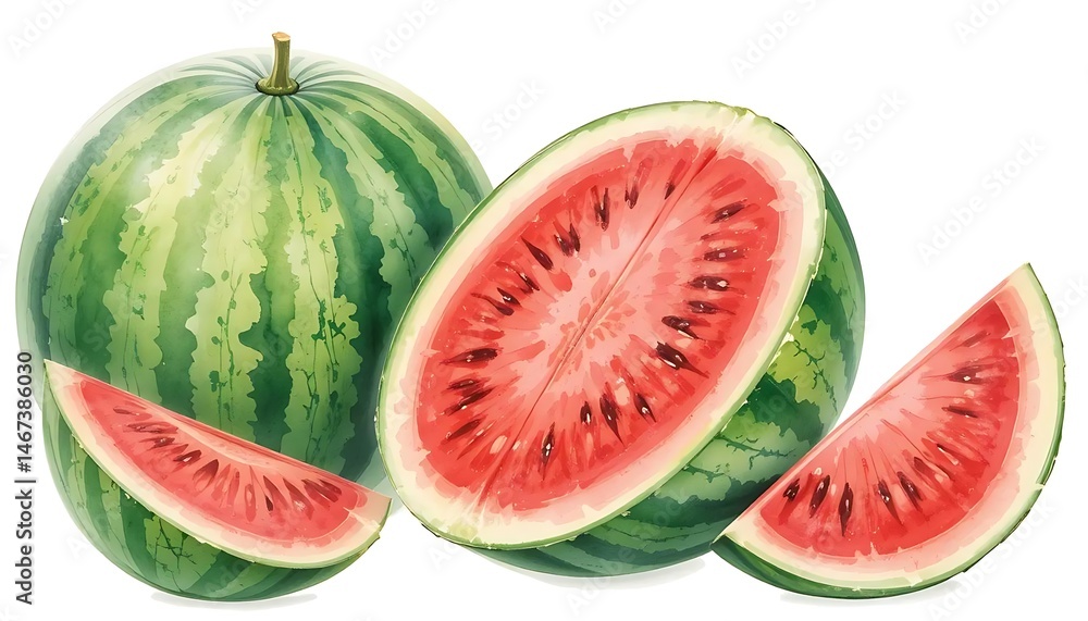 Watercolor-style illustration of whole and sliced watermelons with vibrant red flesh and green rind, arranged on a white background. Watercolor-style illustration of whole and sliced watermelons with vibrant red flesh and green rind, arranged on a white background.