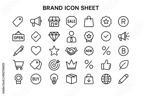 Icons of Branding Essentials: A collection of versatile brand icons, neatly arranged and crafted with minimalist lines, perfect for visual storytelling.