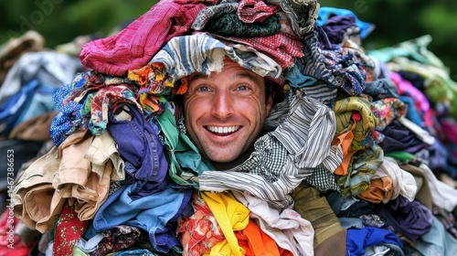 Man buried in a mountain of textiles and clothing, smiling happily at the camera, environmental concept of reuse and recycling