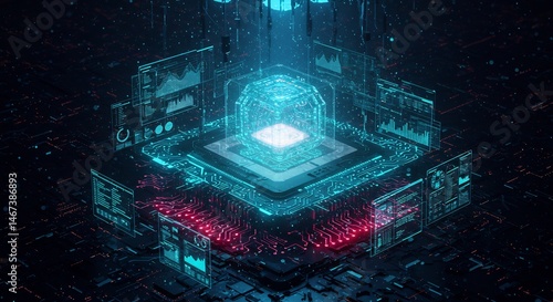 Abstract Digital Data Network Cube with Neon Glow