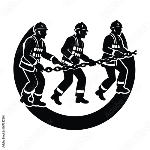 Firefighters forming rescue chain vector silhouette