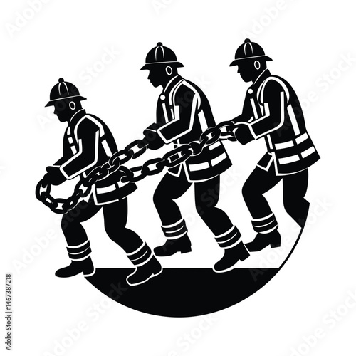 Firefighters forming rescue chain vector silhouette