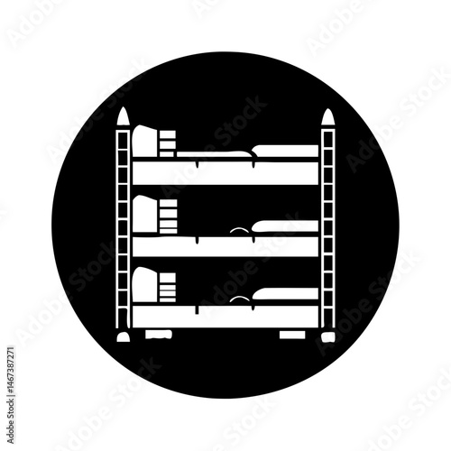 Monochrome three tier bunk bed within a circular black background design