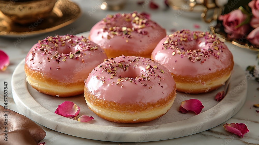 Pink glazed donuts with rose petals Pink glazed donuts with rose petals