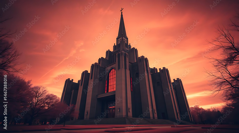 Fototapeta premium A massive brutalist cathedral built of concrete and glass, casting long shadows in the sunset, blending religious solemnity with futuristic geometry. created by generative ai