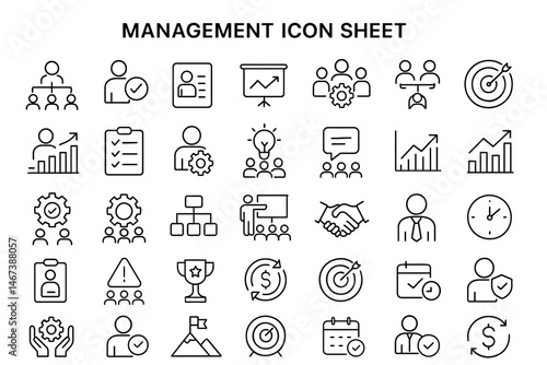 Management Icon Sheet: A comprehensive set of meticulously designed icons, each a testament to the art of management, offering visual metaphors for strategies, plans, teamwork, and leadership. 