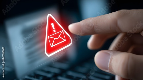 Close up of Hand about to Pressing Warning Sign, Concept of Digital Threat of Phishing Scams and Cyber Security Warnings in the Modern Technological Era of Connectivity