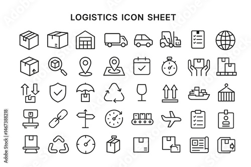 Logistics Icons: A comprehensive collection of logistics icons showcases a variety of delivery, shipping, and storage symbols.