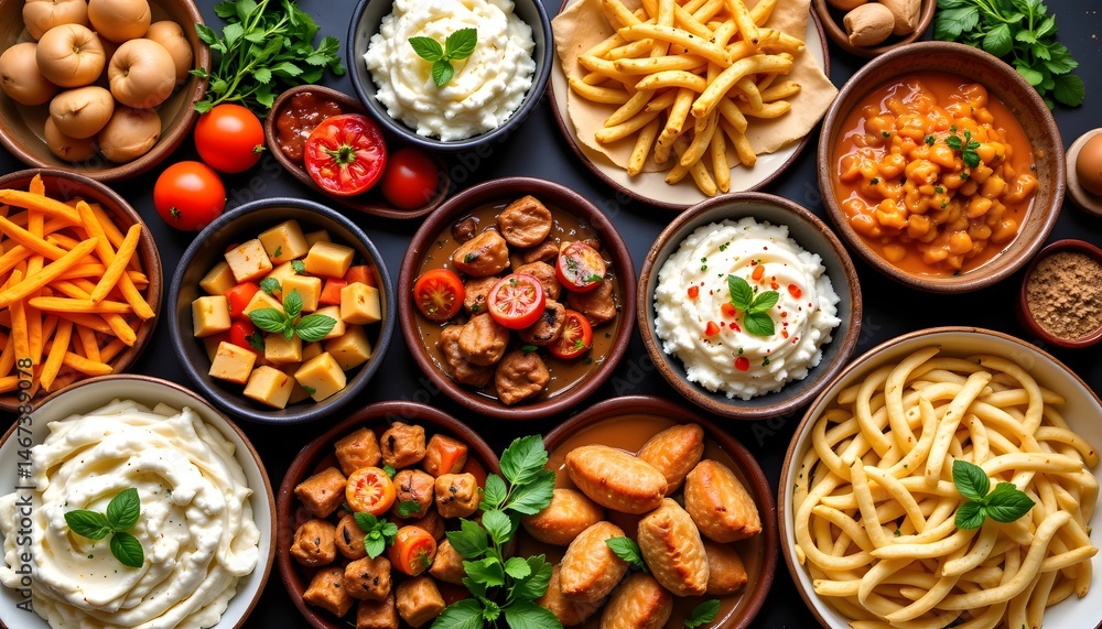 Diverse array of international cuisines spread out on a table for cultural gastronomy exploration Diverse array of international cuisines spread out on a table for cultural gastronomy exploration
