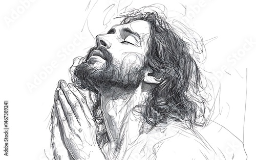 Praying Man, sketch, religious art, peaceful pose, possible devotional use