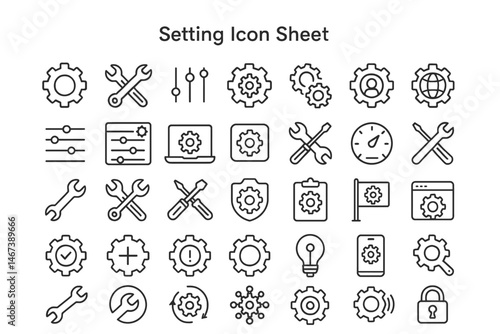 Setting Icon Sheet: A detailed collection of versatile setting icons suitable for various interface designs.