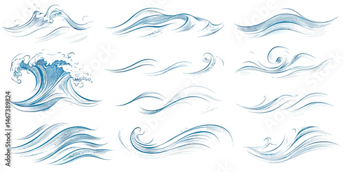 Set of twelve hand drawn blue water wave doodle icons with splashes curls and flowing sea lines isolated on white background in minimalist style vector illustration