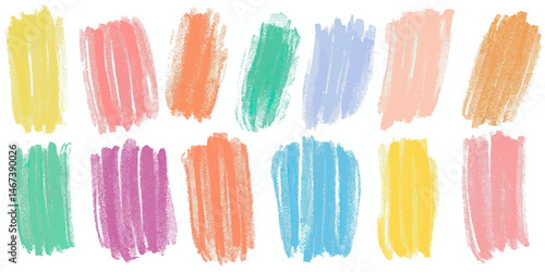 Set of colorful hand drawn chalk pastel brush strokes in yellow orange green purple blue pink shades isolated on white background for design elements or decoration