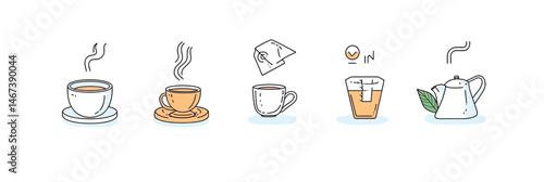 Hot tea cup with steam steam rising tea bag dripping into cup tea time kettle with leaves flat line vector icons set