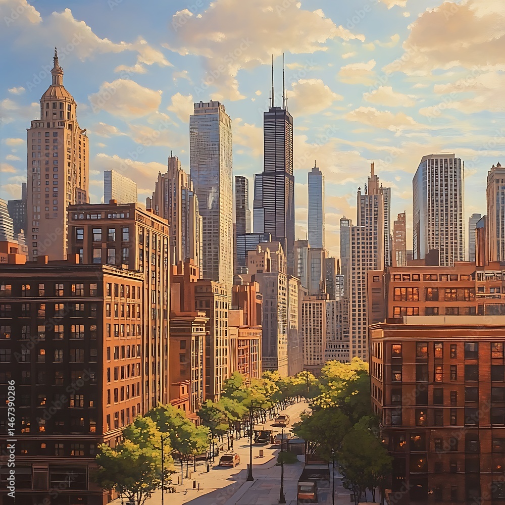 Fototapeta premium Scenic Urban Skyline Overlooking River With Colorful City Architecture High Resolution Picture