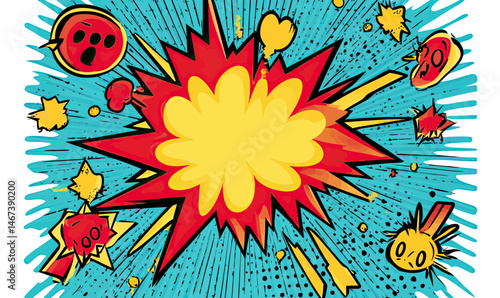 Comic style explosion bubble with dynamic bursts and scattered cartoon icons in vibrant red yellow and blue flat minimalist vector design