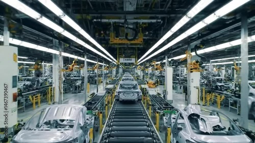 Automated Car Assembly Line with Welding Robots in Modern Factory Silver Frames on Conveyor Belt Under Bright Factory Lights Industrial Panorama