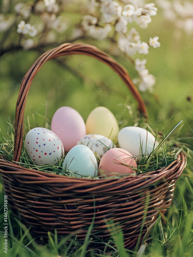1. A basket of pastel-colored Easter eggs in grass 1. A basket of pastel-colored Easter eggs in grass